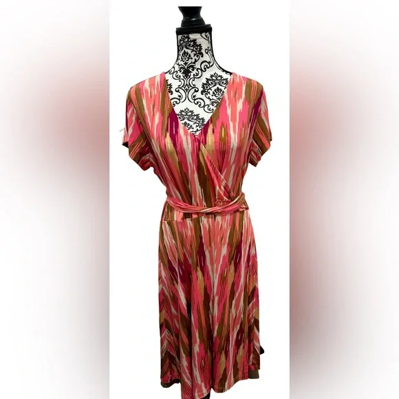 IMAN Global Chic Pink Multicolor Faux Wrap Dress Belt Short Sleeve - Picture 1 of 13